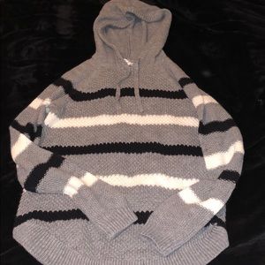 Grey black and white striped hooded sweater